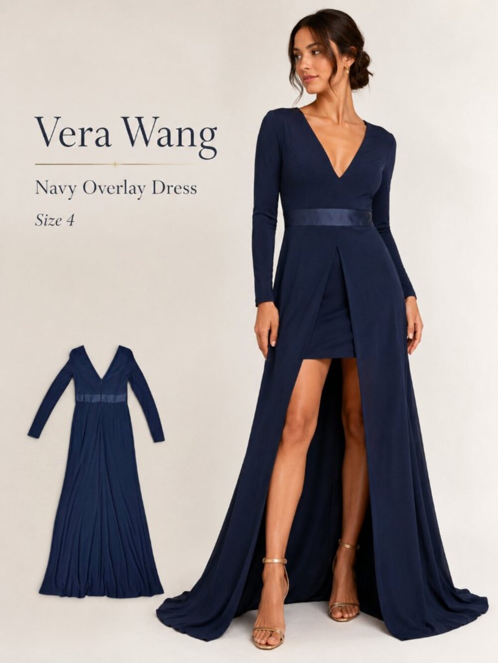 Vera Wang Navy Overlay Long-Sleeve Gown